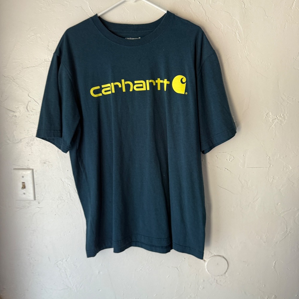Carhartt Mens Teal T Shirt Yellow Logo Graphic Crew Neck Short‎ Sleeve